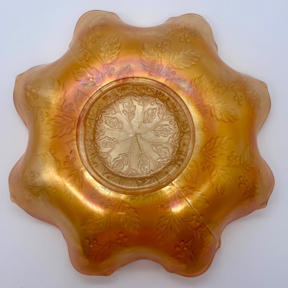 Fenton Carnival Glass Bowl 9" Marigold Holly Berries Ruffled Edge Iridescent - Picture 2 of 2